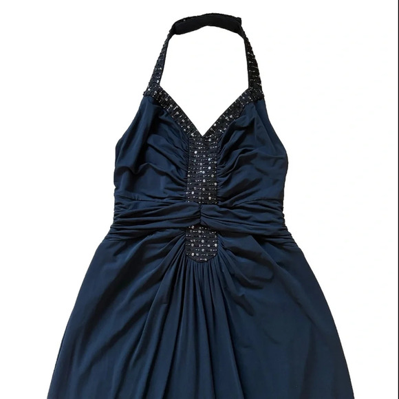BCBGMAXAZRIA Ruched Jersey Halter Dress Sequin Trim Cocktail Y2K Navy Small NWT - Picture 2 of 14